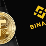 Telefono con el logo de binance y al lado una moneda dorada con el símbolo de Tether (USDT)