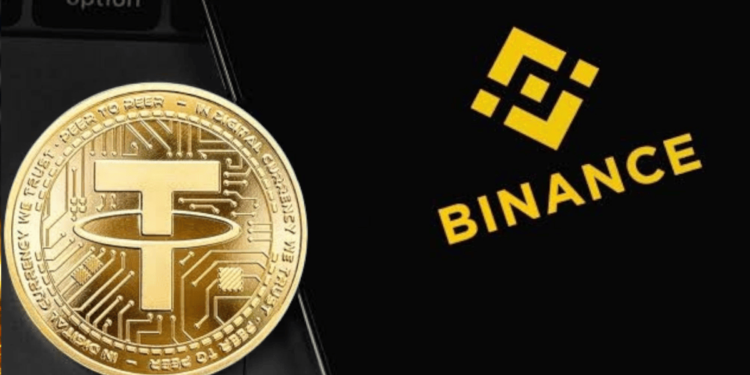 Telefono con el logo de binance y al lado una moneda dorada con el símbolo de Tether (USDT)