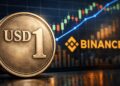 Moneda de USD1 en primer plano con fondo de grรกfica financiera ascendente y logo de Binance.