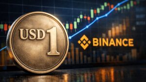 Moneda de USD1 en primer plano con fondo de gráfica financiera ascendente y logo de Binance.
