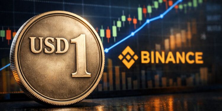 Moneda de USD1 en primer plano con fondo de gráfica financiera ascendente y logo de Binance.