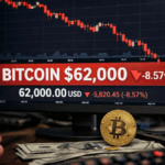 Un escritorio con pantallas de trading muestra el precio de Bitcoin cayendo hasta 62.000 dรณlares, con grรกficos rojos a la baja y un telรฉfono y una moneda fรญsica de bitcoin en primer plano.