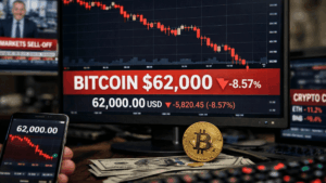 Un escritorio con pantallas de trading muestra el precio de Bitcoin cayendo hasta 62.000 dรณlares, con grรกficos rojos a la baja y un telรฉfono y una moneda fรญsica de bitcoin en primer plano.