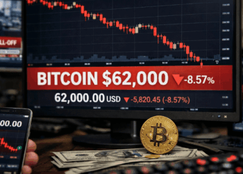 Un escritorio con pantallas de trading muestra el precio de Bitcoin cayendo hasta 62.000 dólares, con gráficos rojos a la baja y un teléfono y una moneda física de bitcoin en primer plano.