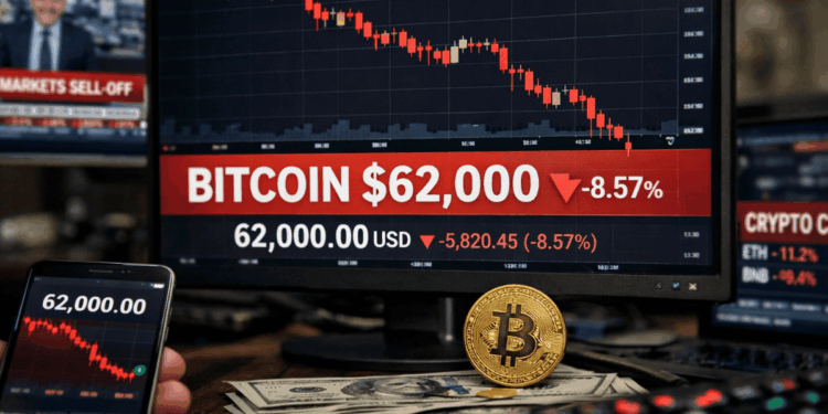 Un escritorio con pantallas de trading muestra el precio de Bitcoin cayendo hasta 62.000 dólares, con gráficos rojos a la baja y un teléfono y una moneda física de bitcoin en primer plano.