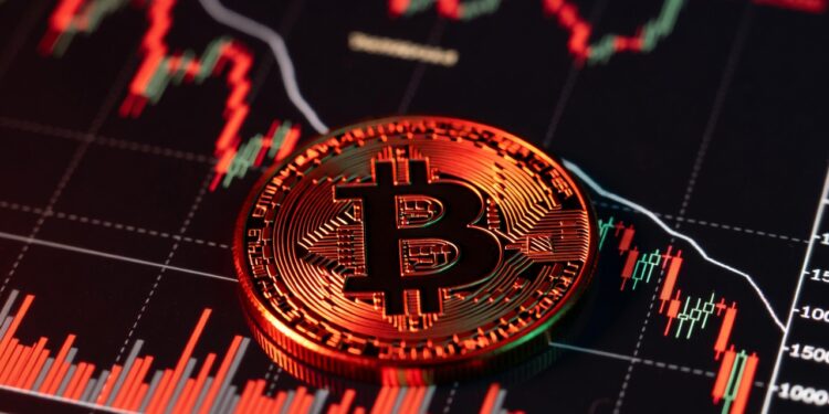moneda de bitcoin, gráfico de precio en caída iluminado en rojo