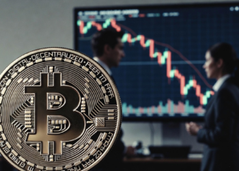 moneda de bitcoin, gráfico de precio en caída, analistas debatiendo