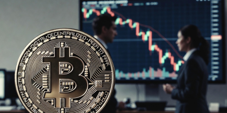 moneda de bitcoin, gráfico de precio en caída, analistas debatiendo