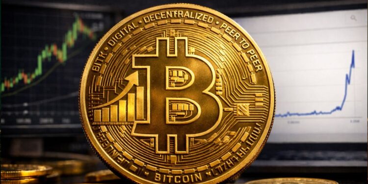 Moneda física dorada de bitcoin en primer plano con gráfico desenfocado al fondo,