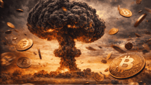 Monedas físicas de bitcoin vuelan por una explosión nuclear.