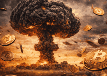 Monedas físicas de bitcoin vuelan por una explosión nuclear.