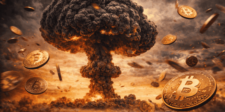 Monedas físicas de bitcoin vuelan por una explosión nuclear.