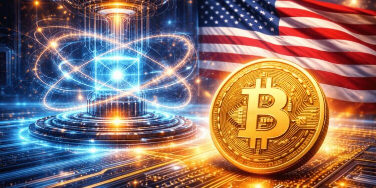 Una moneda de Bitcoin rodeada de edificios, con una computadora cuántica y la bandera de Estados Unidos.