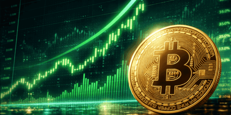Una moneda fรญsica de bitcoin delante de un grรกfico de precios con flechas y barras verdes.