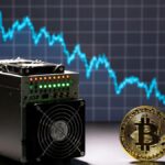 Minero de Bitcoin ASIC junto a gráfico y moneda dorada de bitcoin.