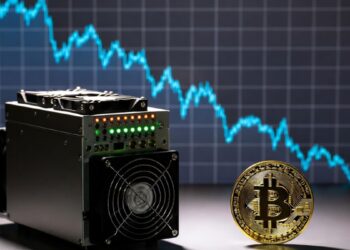 Minero de Bitcoin ASIC junto a gráfico y moneda dorada de bitcoin.