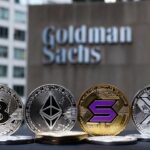 monedas de bitcoin, ethereum, solana y XRP, y de fondo el banco Goldman Sachs