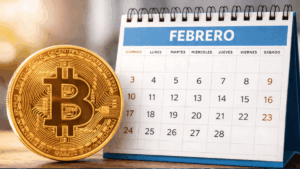 Una moneda física de bitcoin junto a un calendario de febrero.