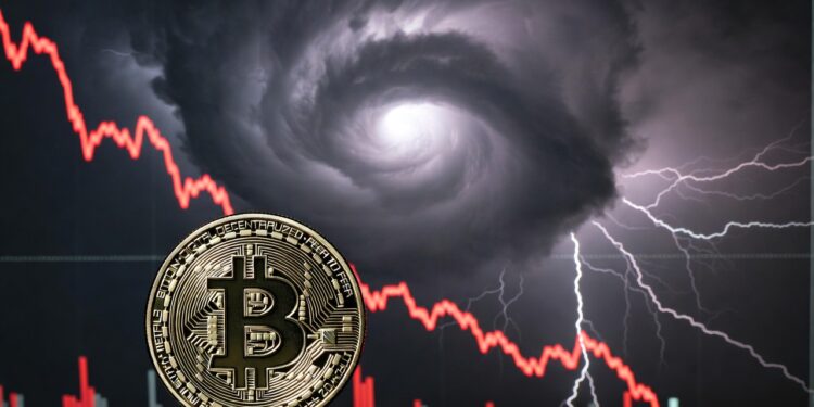 moneda de bitcoin, gráfico de precio en caída iluminado en rojo, y un huracán