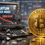 Bitcoin dorado en primer plano frente a una pantalla rota con gráfico en caída.