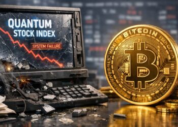 Bitcoin dorado en primer plano frente a una pantalla rota con gráfico en caída.