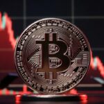 moneda de bitcoin, gráfico de precio iluminado en rojo e inversores preparándose