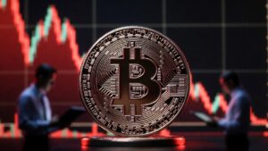 moneda de bitcoin, gráfico de precio iluminado en rojo e inversores preparándose