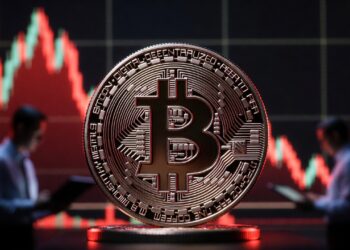 moneda de bitcoin, gráfico de precio iluminado en rojo e inversores preparándose