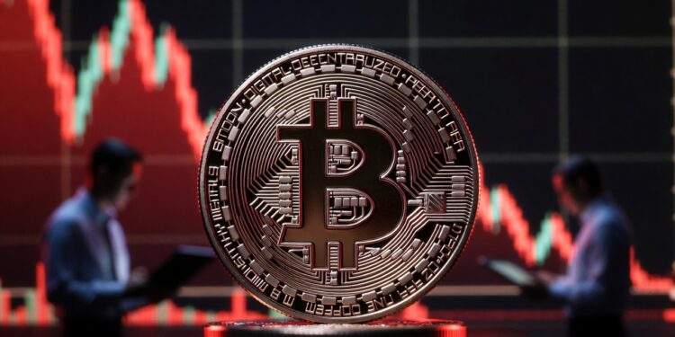 moneda de bitcoin, gráfico de precio iluminado en rojo e inversores preparándose