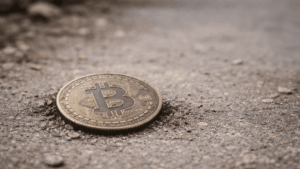 Una moneda física de bitcoin en el suelo.