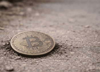 Una moneda física de bitcoin en el suelo.