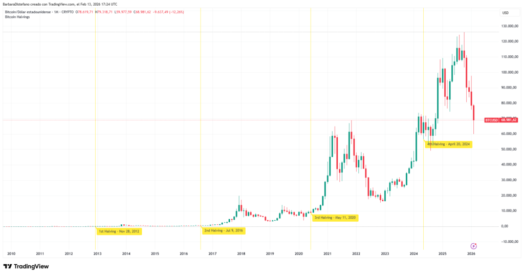 Gráfico de precio de bitcoin y eventos de halving.
