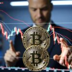 moneda de bitcoin, gráfico de precio en caída y analista marcando patrones