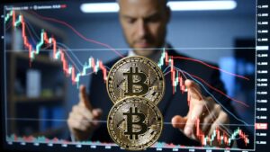 moneda de bitcoin, gráfico de precio en caída y analista marcando patrones