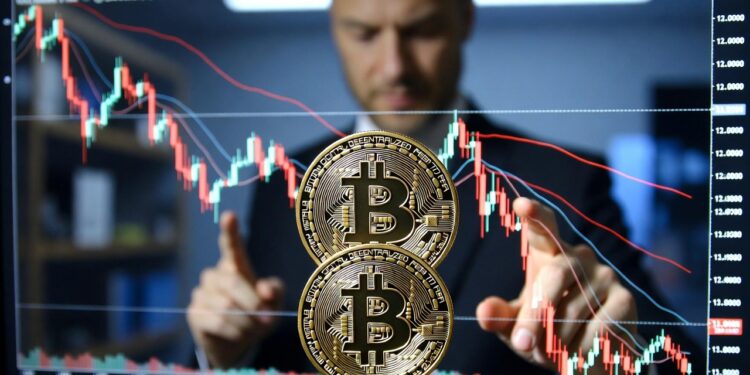 moneda de bitcoin, gráfico de precio en caída y analista marcando patrones