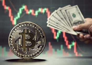 moneda de bitcoin, gráfico de precio en caída, mano con dólares para comprar BTC