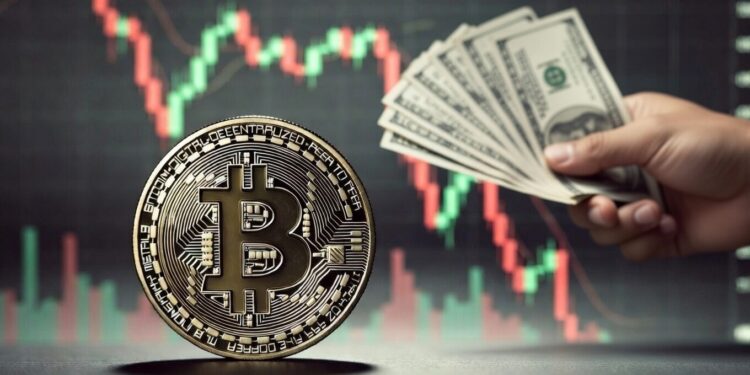 moneda de bitcoin, gráfico de precio en caída, mano con dólares para comprar BTC