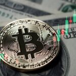 moneda de bitcoin y letras del tesoro de EE. UU. detrás y gráficos de precio