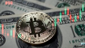 moneda de bitcoin y letras del tesoro de EE. UU. detrás y gráficos de precio