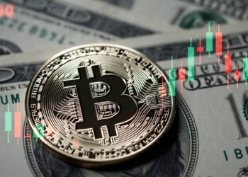 moneda de bitcoin y letras del tesoro de EE. UU. detrás y gráficos de precio