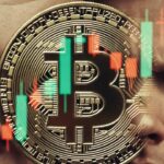 moneda de bitcoin y detrás gráficos de precio y una señal verde. de un lado, una persona con cara sorprendido optimista y del otro lado una persona con cara de desconfianza.