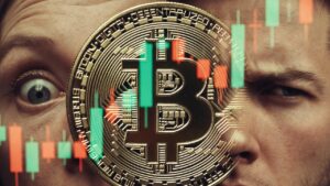 moneda de bitcoin y detrás gráficos de precio y una señal verde. de un lado, una persona con cara sorprendido optimista y del otro lado una persona con cara de desconfianza.