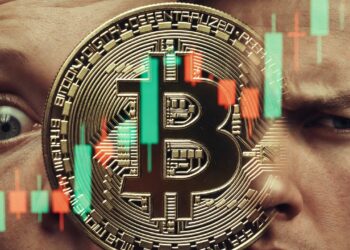 moneda de bitcoin y detrás gráficos de precio y una señal verde. de un lado, una persona con cara sorprendido optimista y del otro lado una persona con cara de desconfianza.