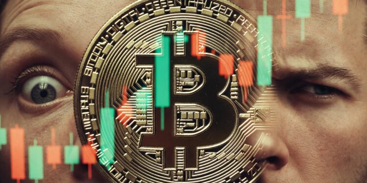 moneda de bitcoin y detrás gráficos de precio y una señal verde. de un lado, una persona con cara sorprendido optimista y del otro lado una persona con cara de desconfianza.