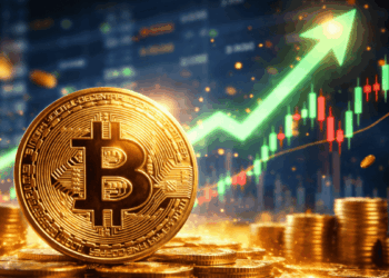 Moneda de bitcoin dorada y gráficos de precio ascendentes.