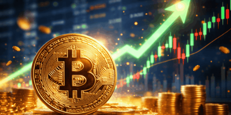 Moneda de bitcoin dorada y gráficos de precio ascendentes.