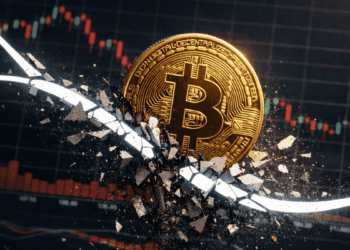 Moneda física de bitcoin rompiendo literalmente una línea que representa una media móvil.