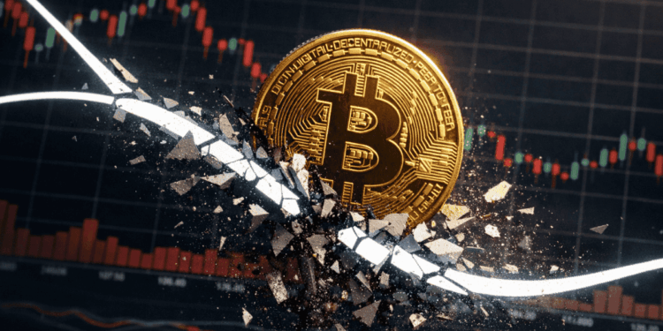 Moneda física de bitcoin rompiendo literalmente una línea que representa una media móvil.