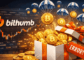 Monedas físicas de bitcoin saliendo de un regalo junto al logo del exchange Bithumb