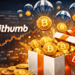 Monedas físicas de bitcoin saliendo de un regalo junto al logo del exchange Bithumb